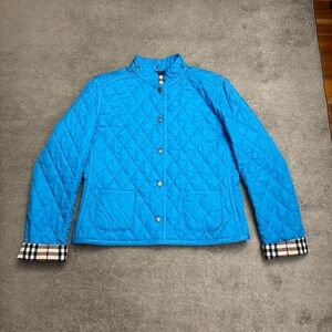 Burberry London Diamond Quilted Nova Check Light Blue Snap Front Jacket Women’s